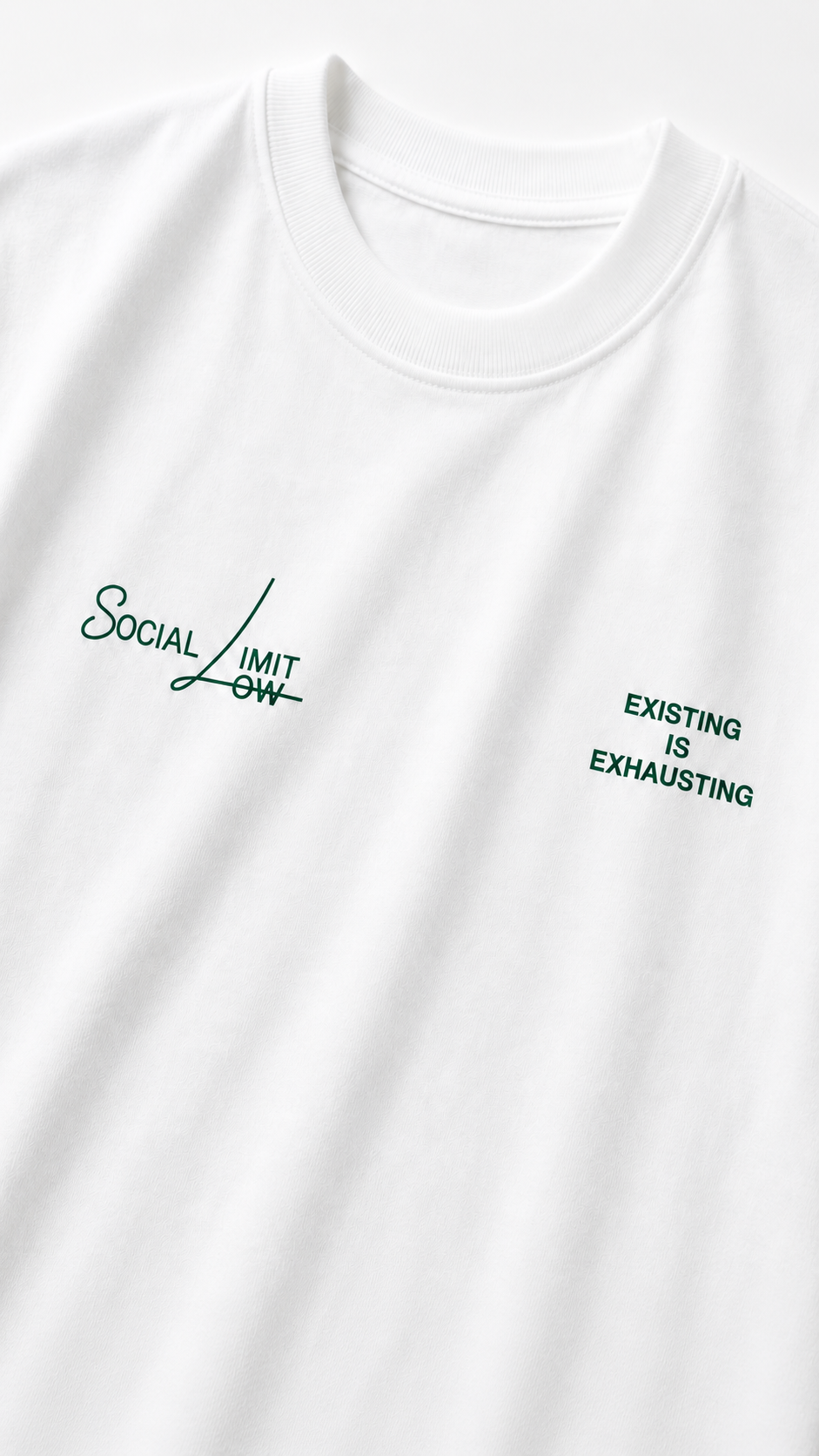 Person wearing a white t-shirt with text on the back, standing against a white background